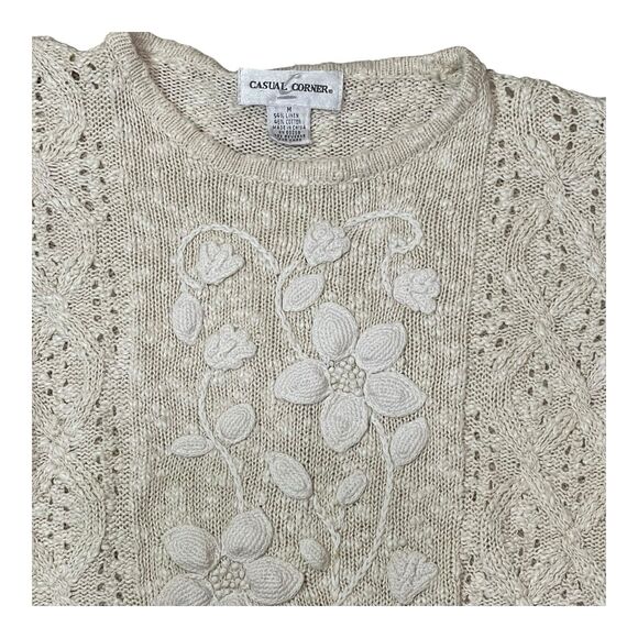 Casual Corner Vintage M Sweater Cream Open Knit Floral Crochet 80s/90s Retro - Picture 6 of 11